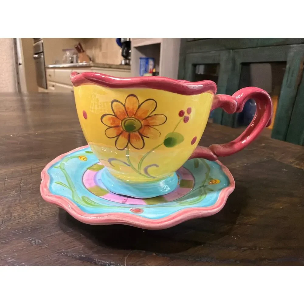 Certified International CIC Floral Cup Saucer Set Colorful Whimsical Ceramic
